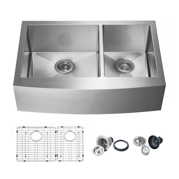 Kibi 33? Handcrafted Farmhouse Apron Double Bowl Stainless Steel Kitchen Sink ? K1-DF33