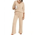 thumbnail image 2 of AWZXDE omen's Solid V-Neck Long Striped Long Sleeve Pants Sleepwear Home Set Khaki,S, 2 of 6