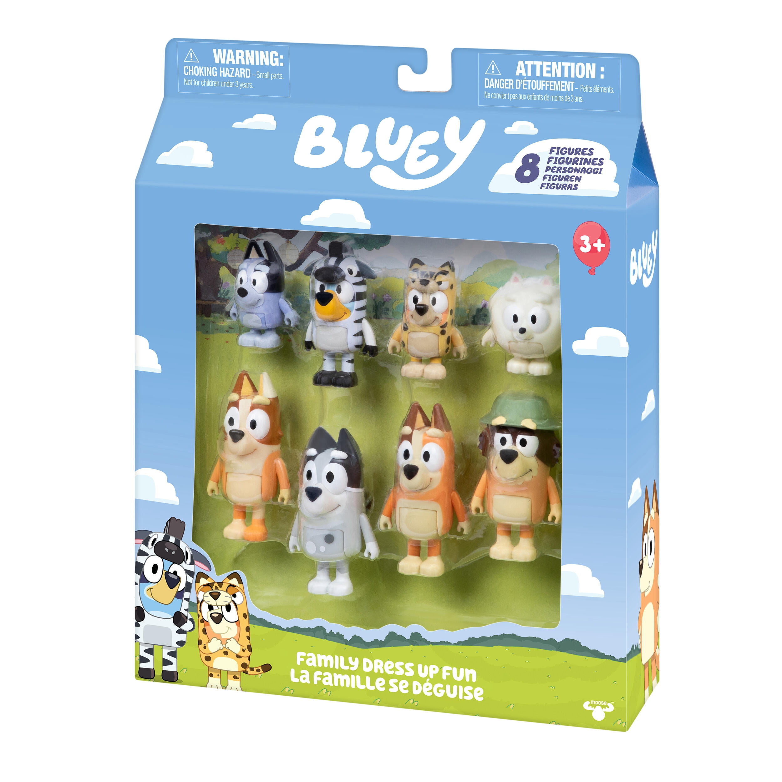 Bluey Family Dress Up Fun 8 Pack, 2.5-3" Figures; Bluey and Bingo Wearing Onesies, Grandad, Socks, Pop Pom, Aunty Brandy, Trixie and Chilli, Ages 3+
