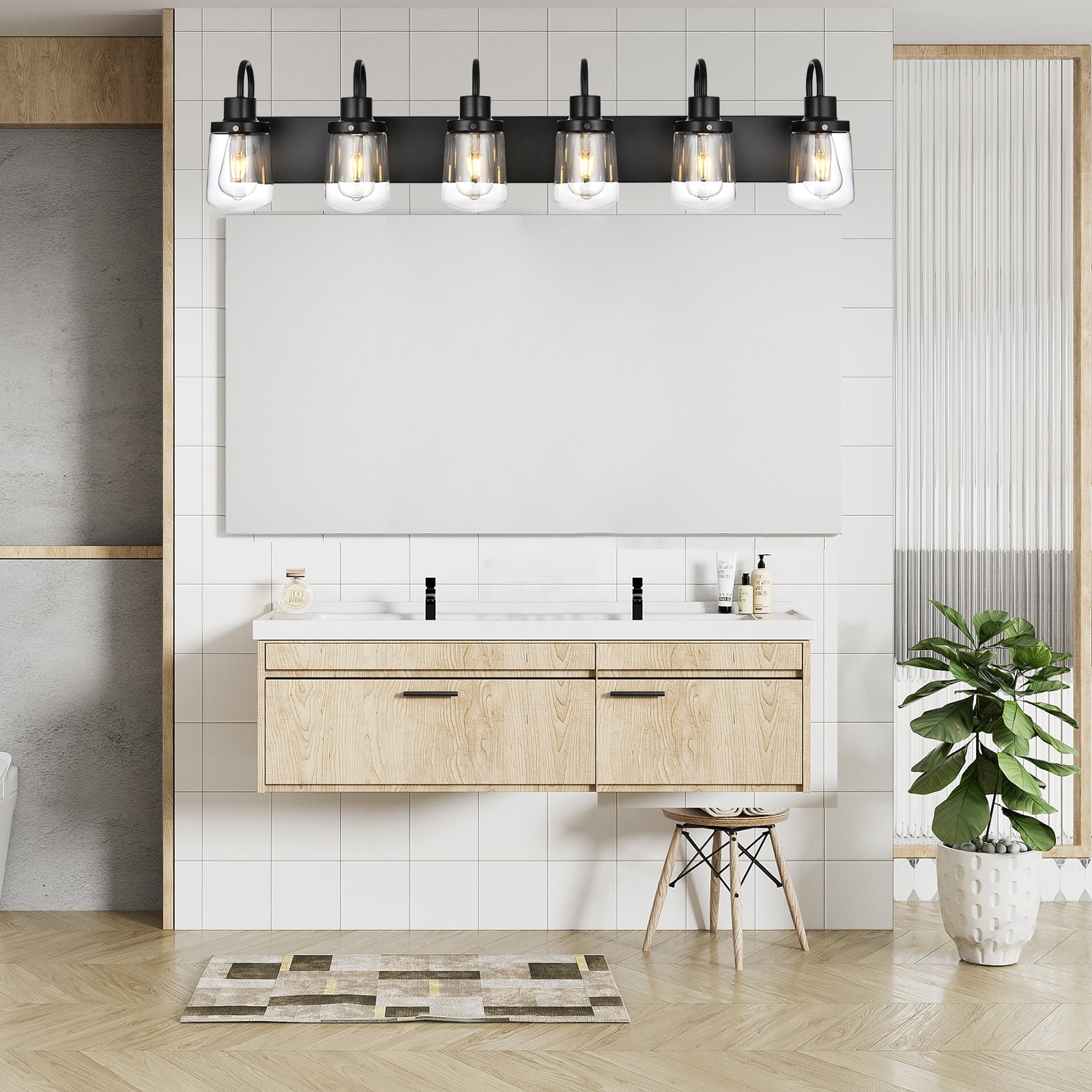 Melucee Bathroom Lights Over Mirror, Black Vanity Light Fixtures with 6 Clear Glass Globe Shades for Hallway Kitchen Living Room