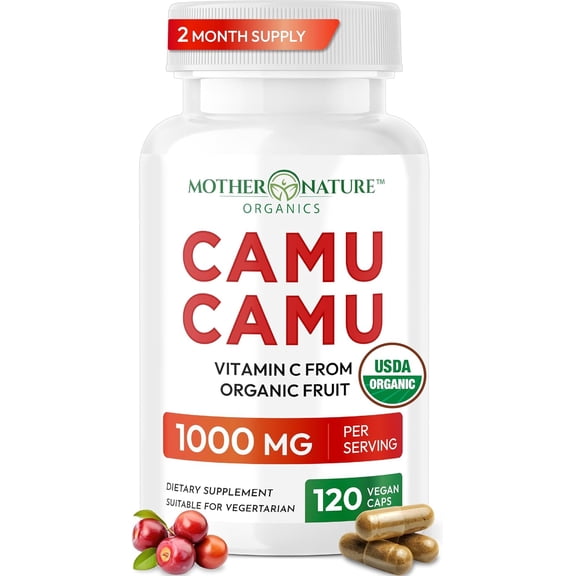 Mother Nature Organics Vitamin C Camu Camu Capsules, 1000mg, Organic Immunity Booster, Antioxidant, Vegan, 120 Count