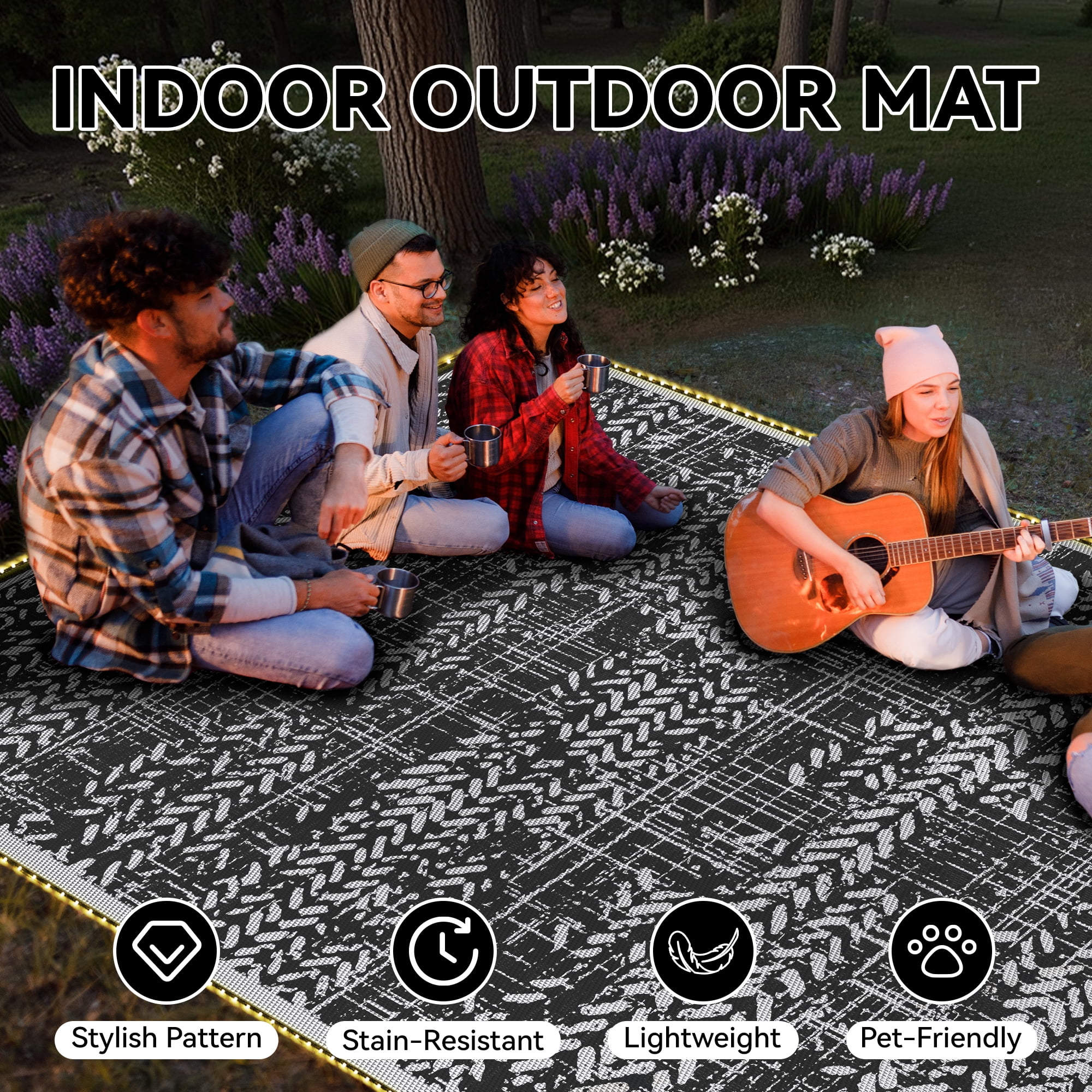 VUNATE Outdoor Rug 9'x12' with Led Light Strips Patio Rug Waterproof Woven Plastic Outdoor Mat for Picnic RV Porch Camping Reversible Outside Rug Black White