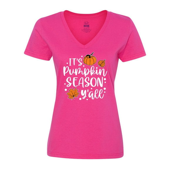 Inktastic Thanksgiving It's Pumpkin Season Y'all with Fall Leaves Women's V-Neck T-Shirt