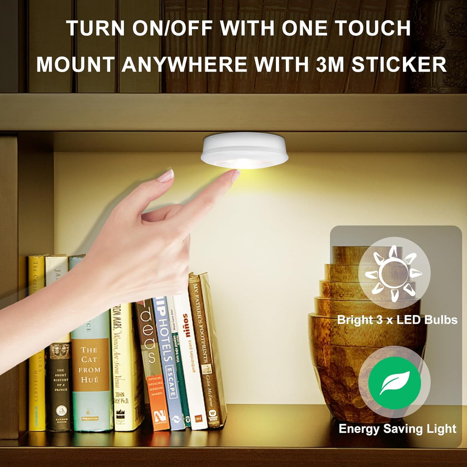 JJEAN-LED Puck Light, Ultra-Thin Touch Light, Battery Operated, Tap Lights, 60 Lumens, Stick on Lights, Under Cabinet Lighting, Ideal for Kitchen Cabinets, Closets, Garage and More, 3-Pack, White