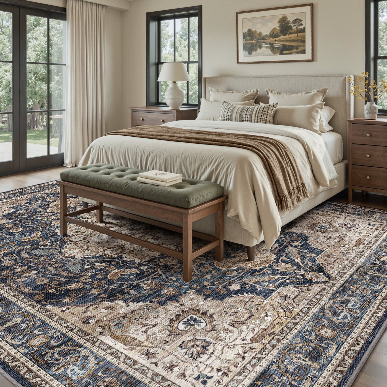 SIXHOME 8'x10' Area Rugs for Living Room Washable Vintage Medallion Rug Oriental Floral Distressed Carpet Ultra Soft Indoor Rugs for Bedroom Dining Room Retro Home Decor Navy Blue