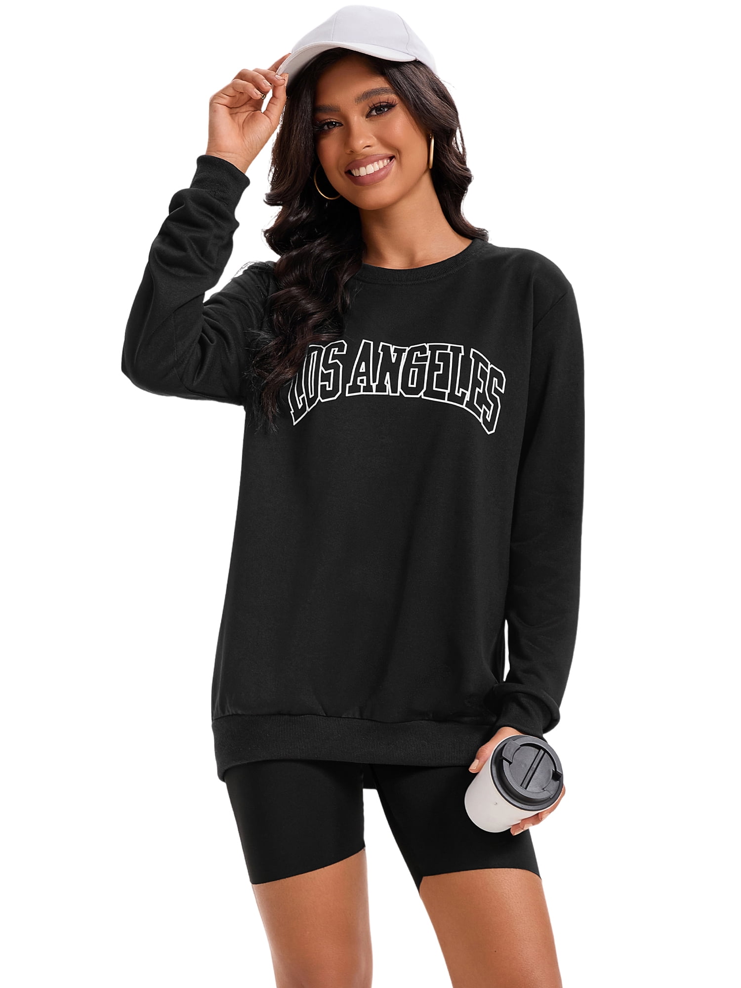 DARING DIVA Women's Sweatshirt Crew Neck Long Sleeve Pullover Shirts L Black Print