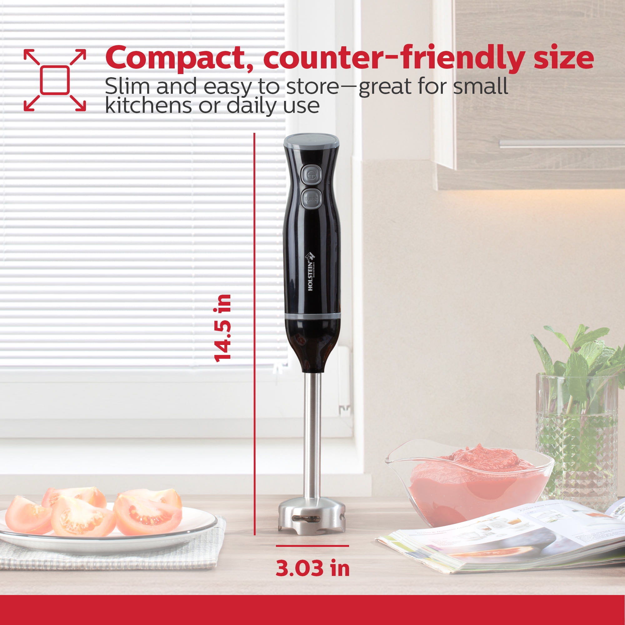 Holstein Housewares 2-Speed Hand Blender, Black – 150W Motor, Stainless Steel Blades, BPA-Free Measuring Cup Included