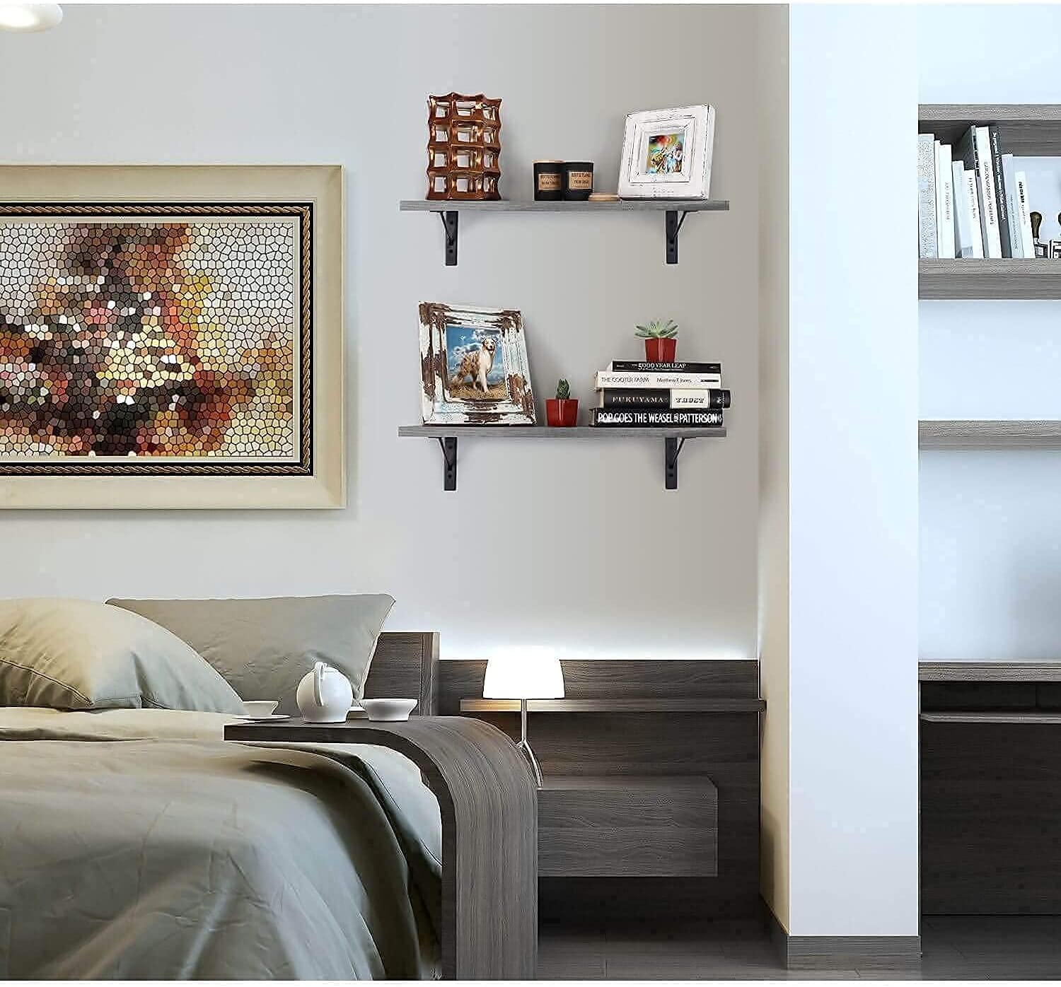 Under.Stated Floating Shelves, 24 Wall Mounted Hanging Shelf Set for Living Room, Office, Kitchen, Bathroom &, Perfect Home Room Wall Decor, Designed with Rustic Pattern  Rustic Grey
