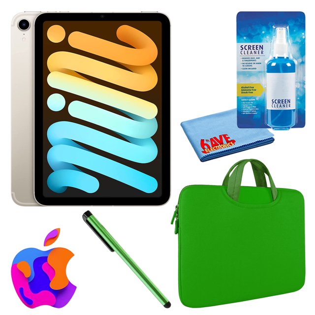 Paquete Apple iPad Mini 6 (2021, 64 GB, Wi-Fi + Cellular, Starlight) (MK8C3LL/A) con funda con cremallera verde + kit de limpieza de pantalla (reacondicionado)