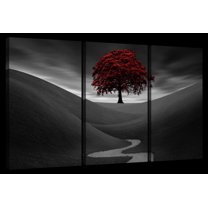 Elephant Stock Red Tree In Dark Valley Wall Art - Horizontal Multi Panel Canvas - 3 Pieceliving Room Wall Decor - Photography Nature Multi Panel - Gray And Black Decor - 74" x 48"