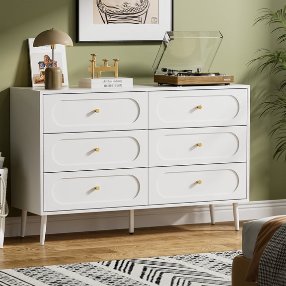 FURNIWAY White 6 Drawer Dresser for Bedroom, Modern Chest of Drawers with Gold Knobs, Wood Storage Organizer for Clothes, Living Room, Nursery