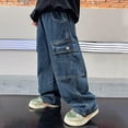 thumbnail image 2 of NIEWTR Boys Baggy Jeans for Kids Teen Fall Fashion Straight Elastic Waist Wide Leg Y2K Cargo Denim Pants with Pockets（A-Blue,6-7 Years), 2 of 7
