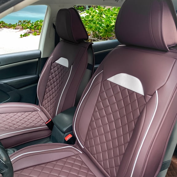Ikon Motorsports Car Seat Covers Universal Fit 03 Style Brown & White PU Leather First Back Row Auto Seat Cover Cushion Protectors 5-Seat Full Set