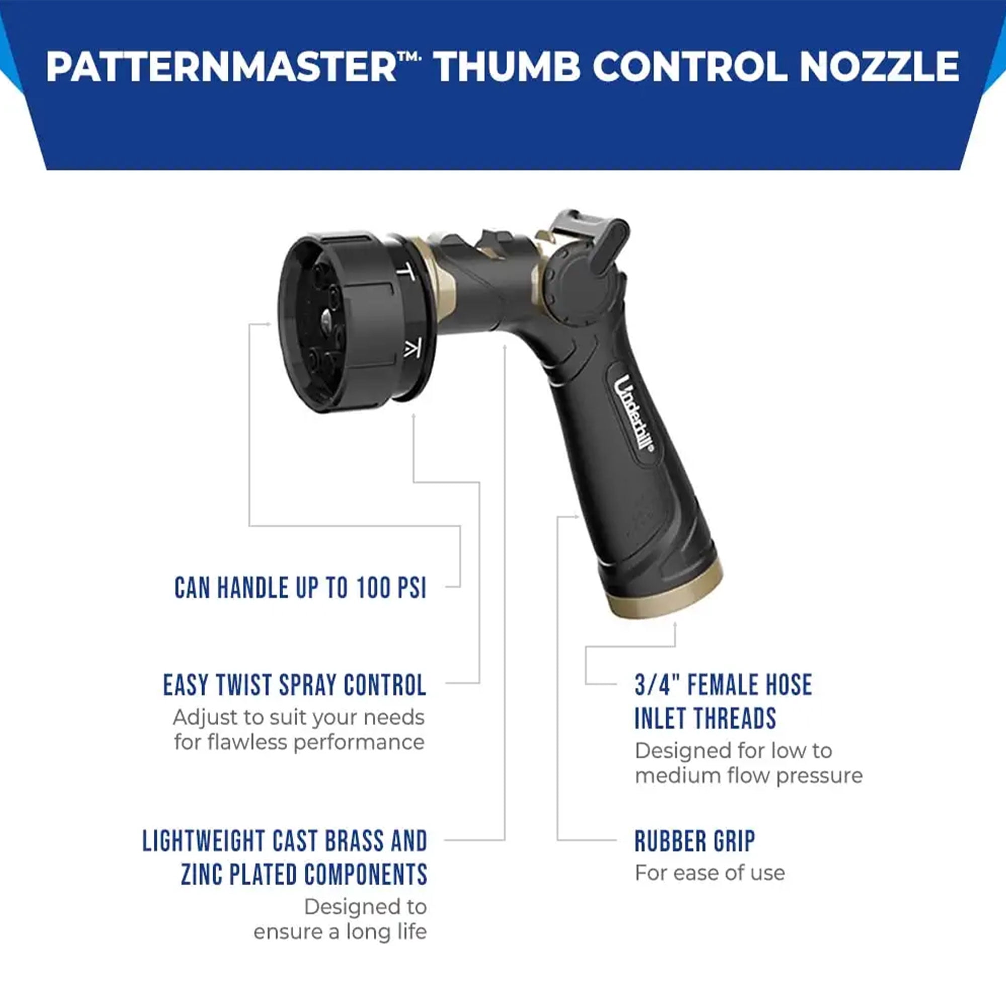 Underhill Proline Master Gold Series 7 Spray Hose Nozzle with 3/4 In Inlet
