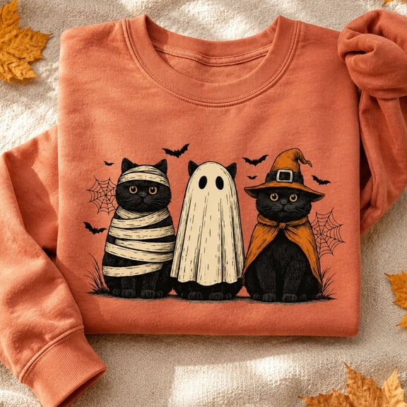 Halloween Shirt, Black Cat Costume Sweatshirt, Ghost Mummy Witch Kitty Hoodie, Spooky Cat T-Shirt, Cute Halloween Gift for Cat Lovers