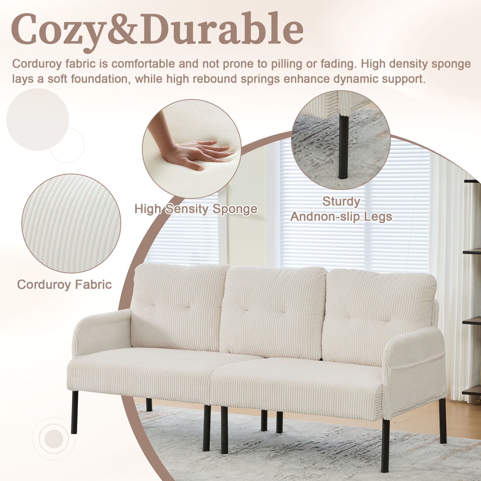 S-HOME Modern Plush Corduroy Upholstered Loveseat with Dual Side Pockets and Metal Legs, Sofa for Apartment, Beige