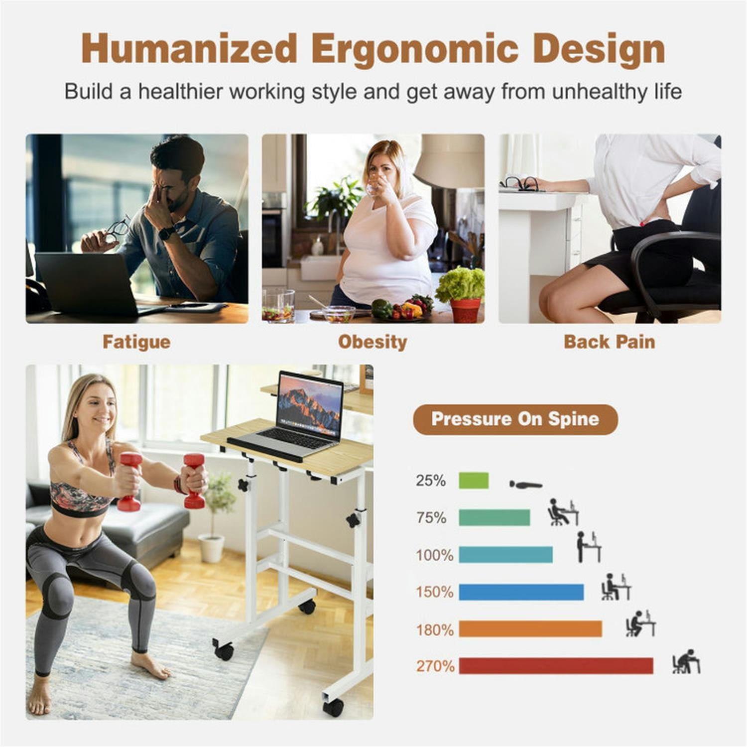 Demi Bonn Height Adjustable Mobile Standing Desk with Rolling Wheels for Office and Home, Laptop Workstation for Laptops, Books, Tablets, and Art, Beige