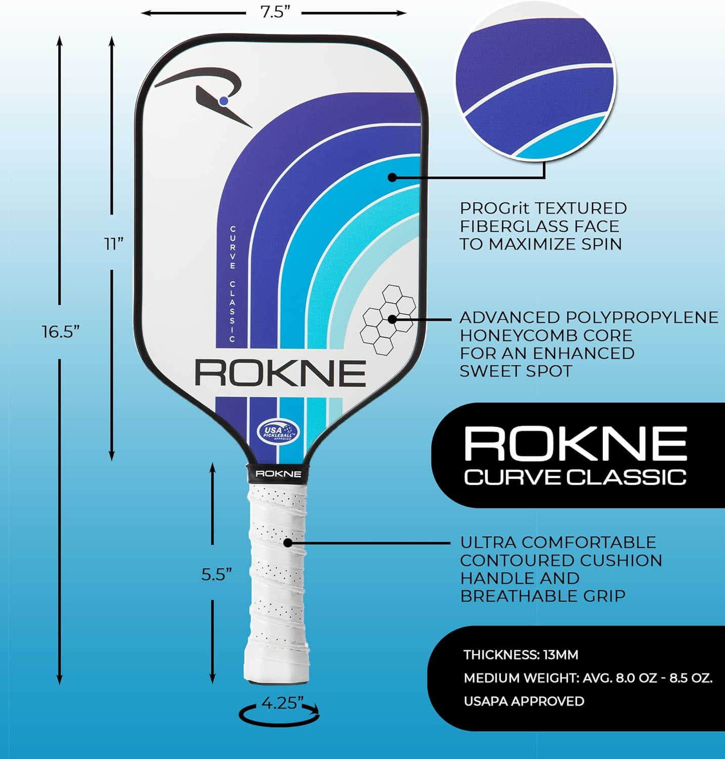 Rokne Curve Classic Fiberglass Pickleball Paddle Long Handle Racket with Pro Grit Texture and Cover, Deep Sea