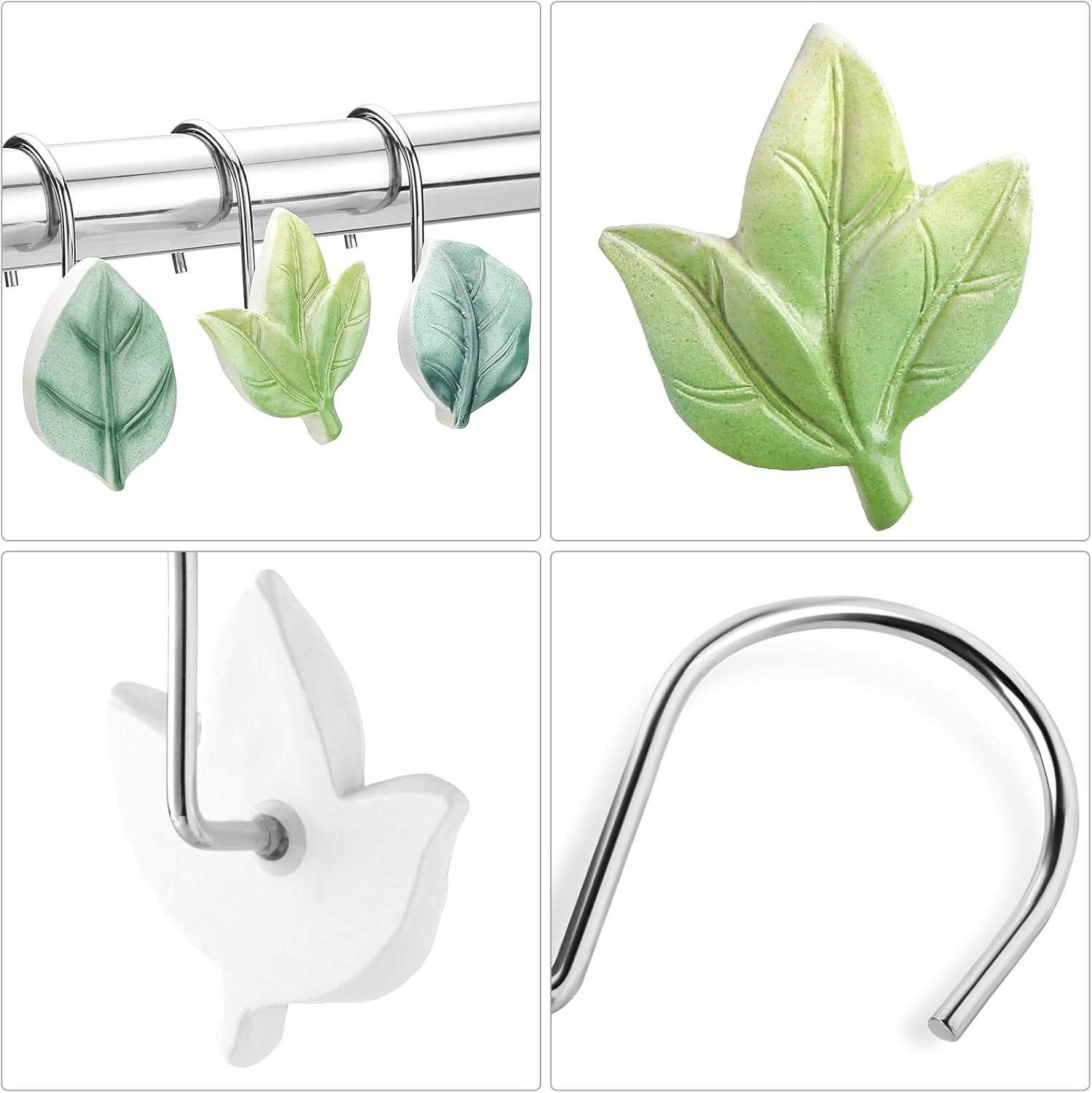 12PCS Leaves Shower Curtain Hooks, Green Plant Decorative Leaf Shower Curtain Hooks Metal Rustproof Cute Eucalyptus Shower Curtain Rings Bathroom Decoration Accessories