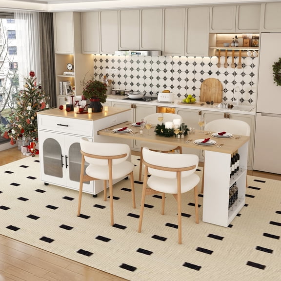 Lisonu 80" Expandable Kitchen Island on Wheels, Rolling Dining Table with Power Outlets, Storage Cabinet, and 2 Drawers, White