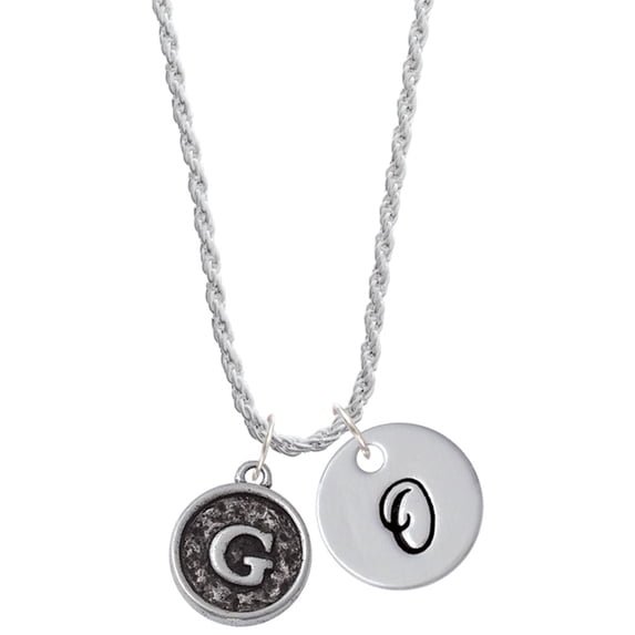 Delight Jewelry Silvertone Antiqued Round Seal - Initial - G - Silvertone Script Initial Disc - O - Charm Necklace, 20"+3"