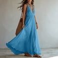 thumbnail image 4 of Dolkfu Minimalist Womens Summer&Fall dresses Blue Sleeveless V-Neck Maxi Faux-Wrap Dresses Flowy Cotton Blend Solid Sky Blue,XL, 4 of 6