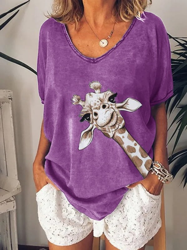 Women's Summer Giraffe Print V-neck Shirts Plus Size Chemises d'été à ...