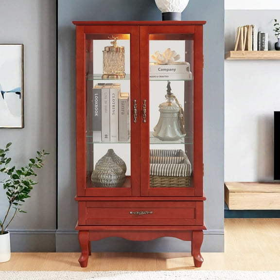 HIUU Cherry Curio Cabinets with Glass Doors,49.4"H Curio Cabinet with Lights,Display Cabinet with Glass Doors and Adjustable Shelves,Wooden China Cabinet for Living Room