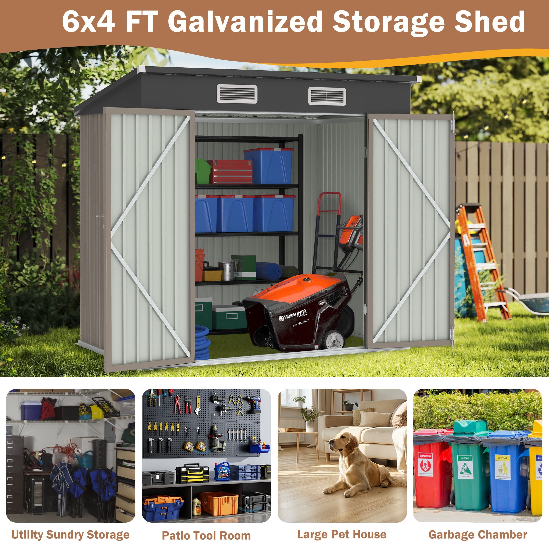 Segmart Outdoor Storage Shed, 6x4 FT Galvanized Steel Metal Bike Shed with Lockable Door, Waterproof Outdoor Garden Storage Tools Shed with Apex Roof, for Garden, Backyard, Brown