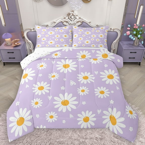 Homewish Groovy Flower Floral Bedding Comforter Set, Dreamy Purple Cartoon Twin Comforter Sets, Princess Style Reversible Bedding Set, Microfiber Bedroom Decor, 2-Piece