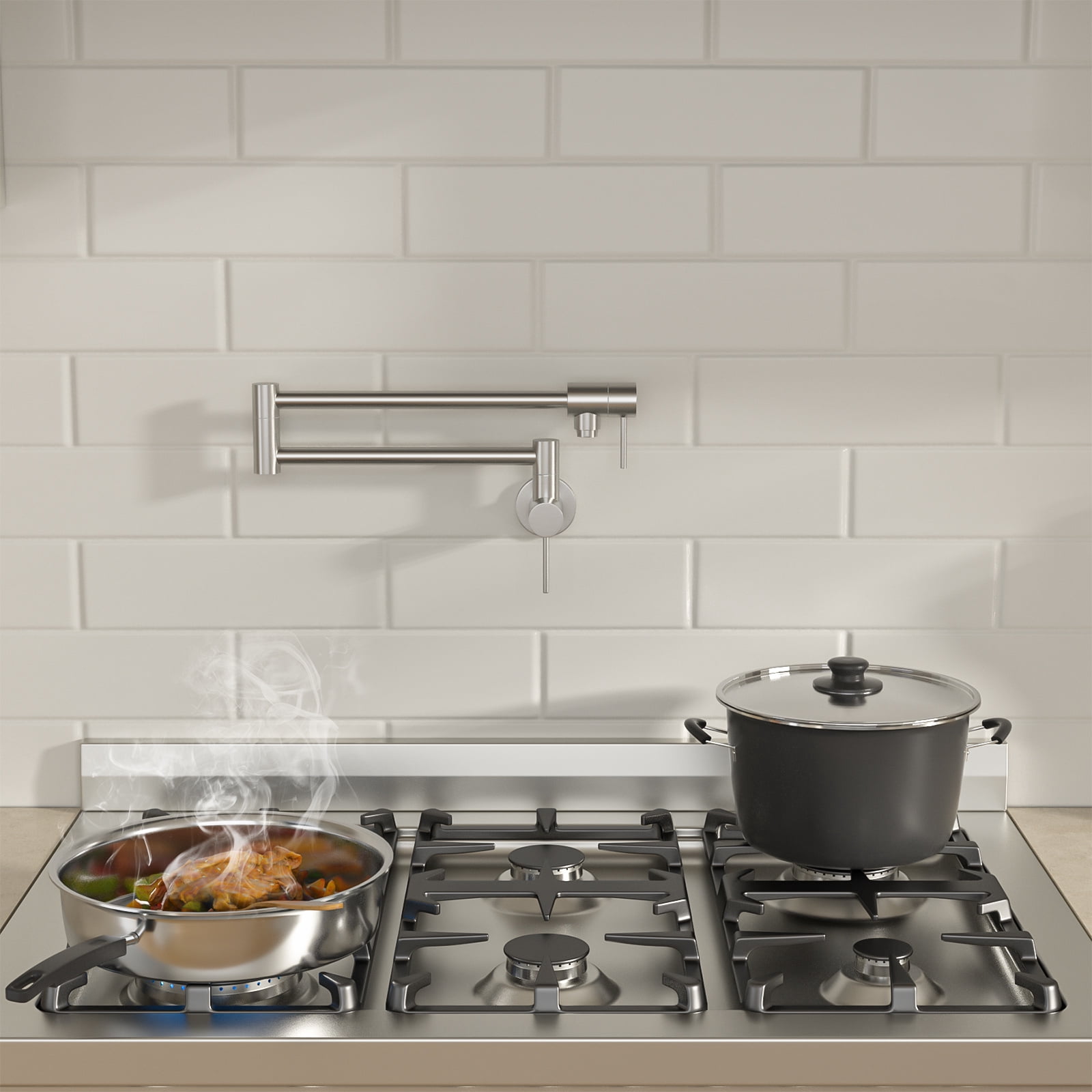 Pot Filler Faucet Wall Mount Brushed, 20" L Stainless Steel Folding Kitchen Faucet with Double Joint Swing Arm, Commercial Pot Filler with 360° Swivel Spout & ABS Aerator