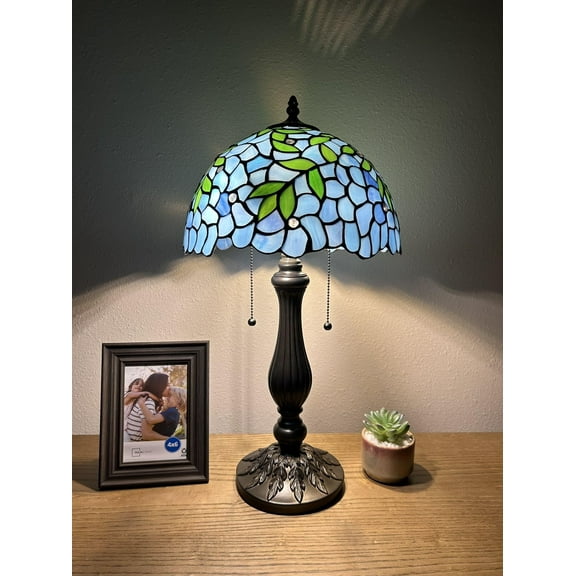 Tiffany Table Lamp Blue Stained Glass Green Leaves Pull Chain Switches LED Bulbs Included for Living Room Dining Room Bedroom Bedside 12"W*12"D*22"H