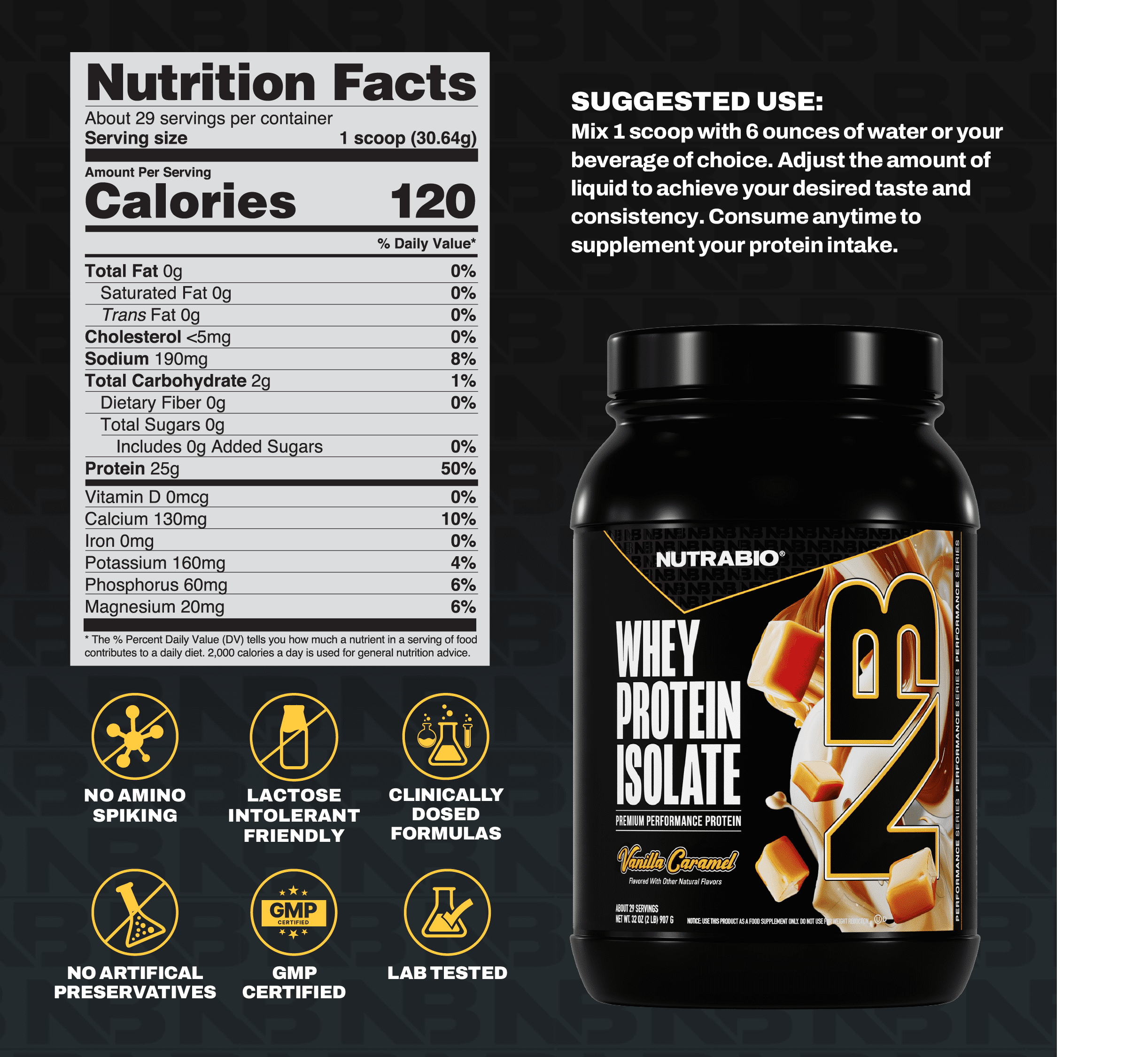 NutraBio Whey Protein Powder Isolate Supplement – 25g of Protein Per Scoop with Complete Amino Acid Profile - Soy and Gluten Free Protein Powder - Zero Fillers and Non-GMO - Vanilla Caramel- 2 Lbs.