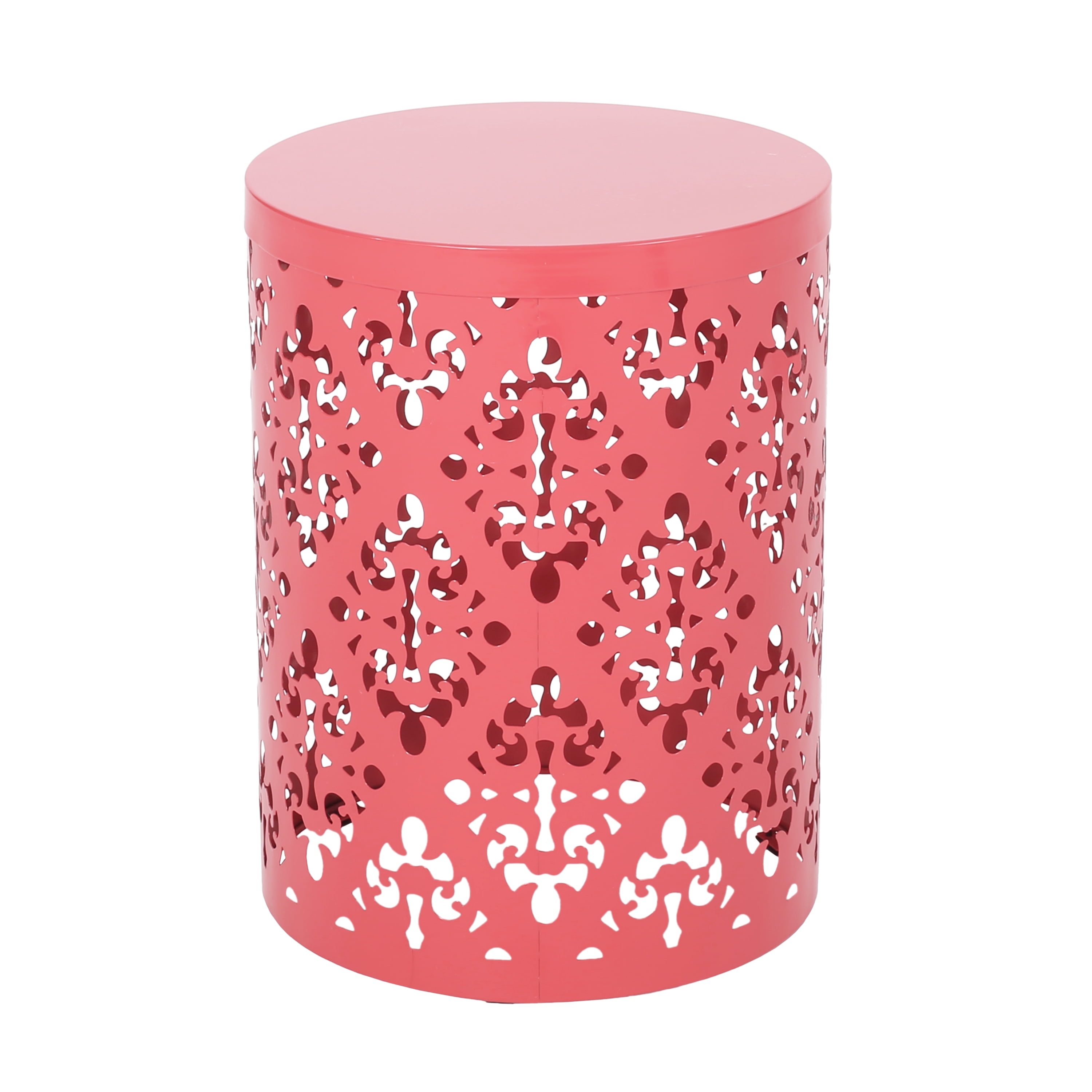 Outdoor Large Cylindrical Side Table, Floral Pattern Hollow Out Iron Tabletop for Patio Garden, Dark Coral