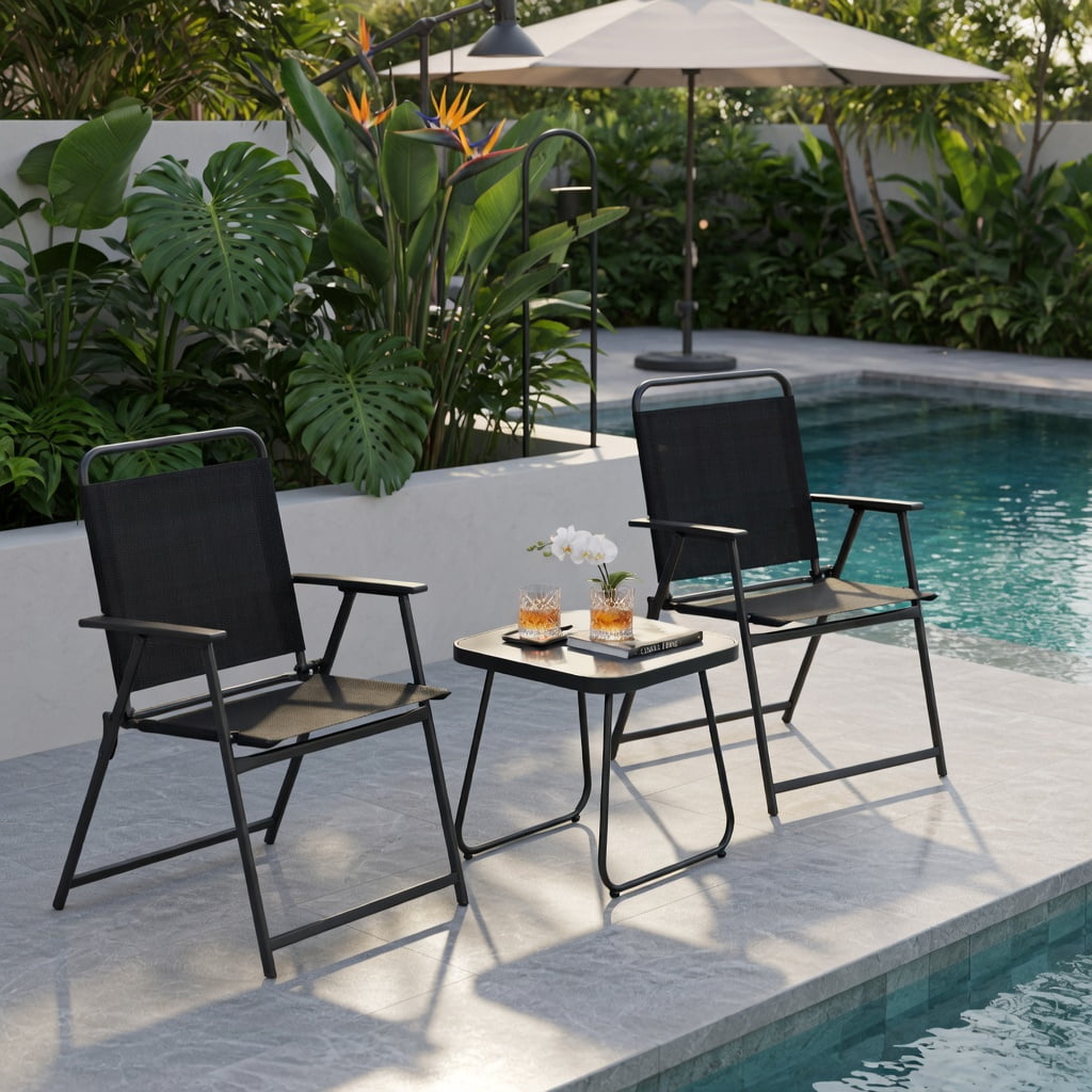 Hommoo 3-Piece Outdoor Folding Patio Set, 2 Folding Chairs + 18" Square Coffee Table, Heavy-Duty Metal Frame, Breathable Fabric, Compact Storage, Black