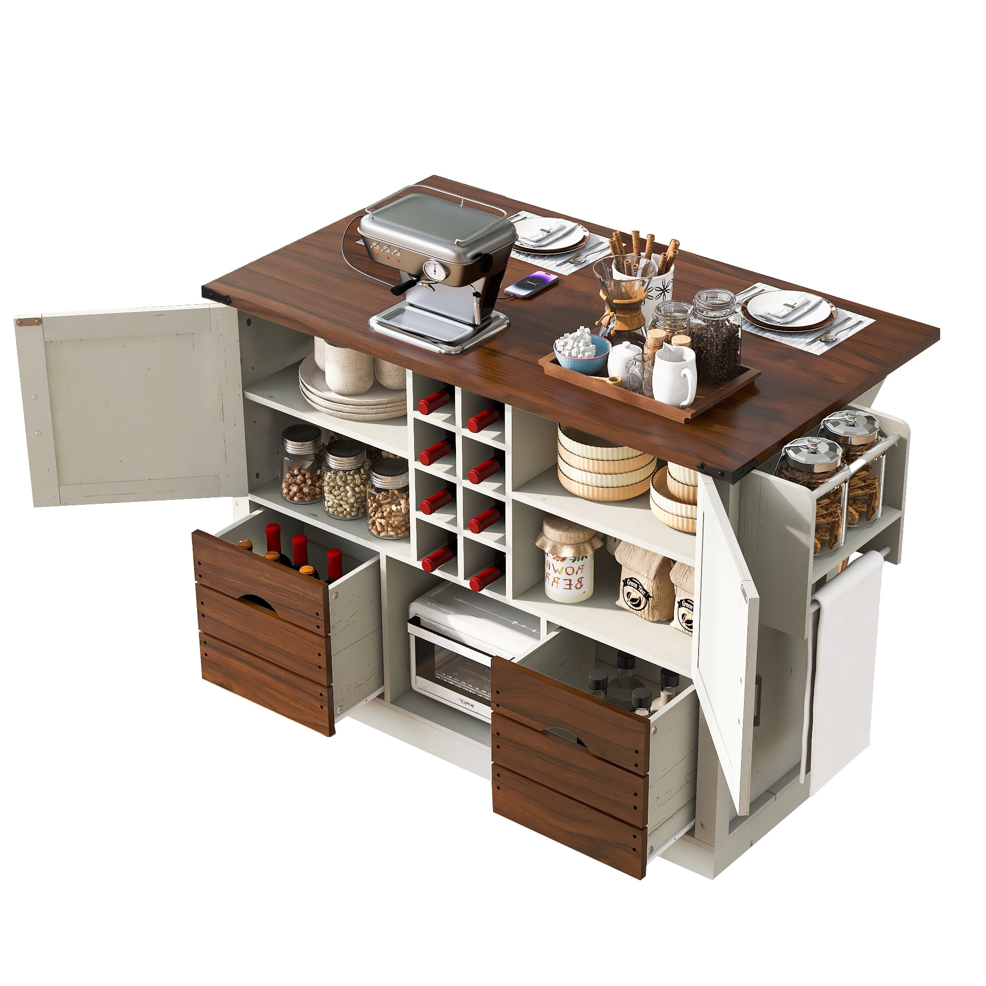 Aukfa 54" Kitchen Island with Drop Leaf & Power Outlet, Mobile Rolling Cart w/ Spice Rack for Kitchen/Dining Room, White