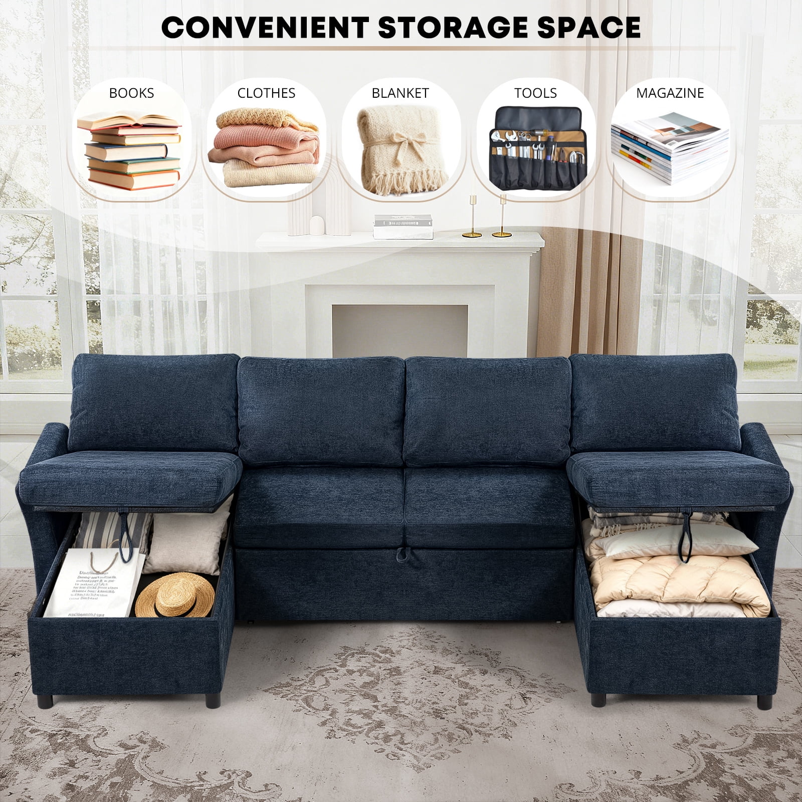 ACMEASE 107 Inches Fabric Sectional Sofa with Pull Out Sofa Bed, Modern U Shaped Sofa with Throw Pillows, Comfortable Sleeper Couch with Storage Chaise for Living Room, Blue