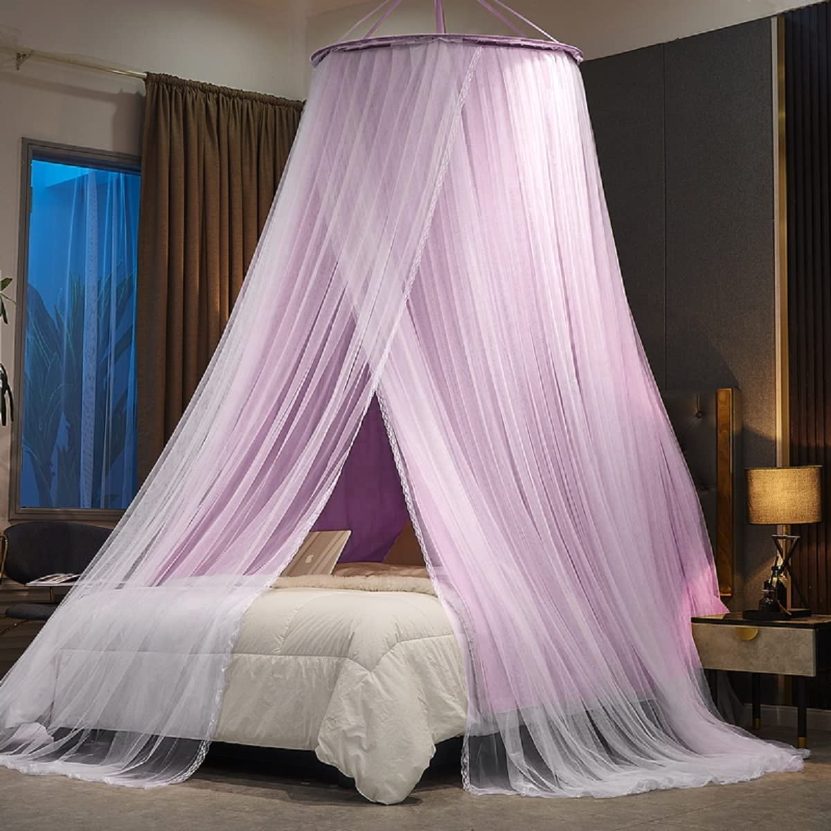 Luxurious Bed Canopy for Girls & Adults - Double Layer Princess Canopy with Lace, Round Dome Mosquito Netting for Queen/King Bed Tent (Purple)