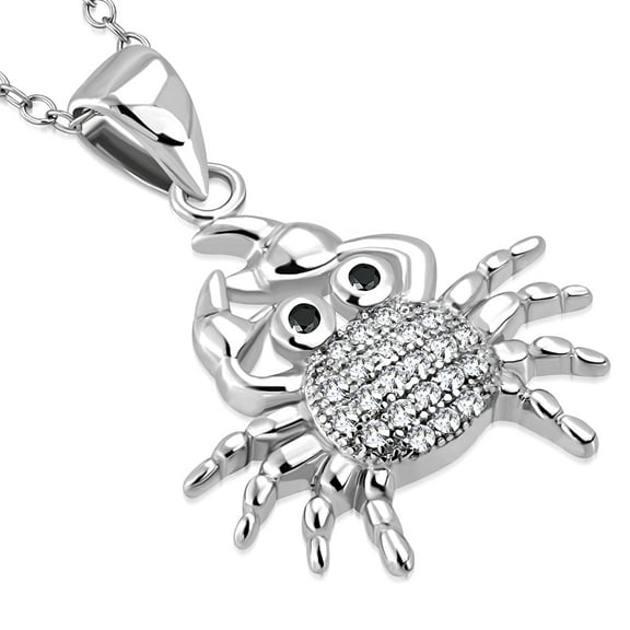 925 Sterling Silver White, Clear, Black Cubic Zirconia Crab Pendant Necklace