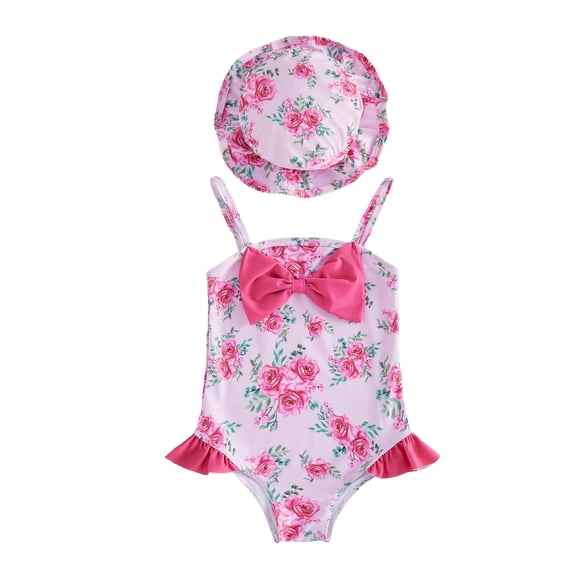 BemeyourBBs Toddler Baby Girl Swimsuit Infant Bathing Suit One-piece Swimsuits With Sun Hat Set Front Bow Rash Guard Spaghetti Strap Swimwear Summer Beach Wear