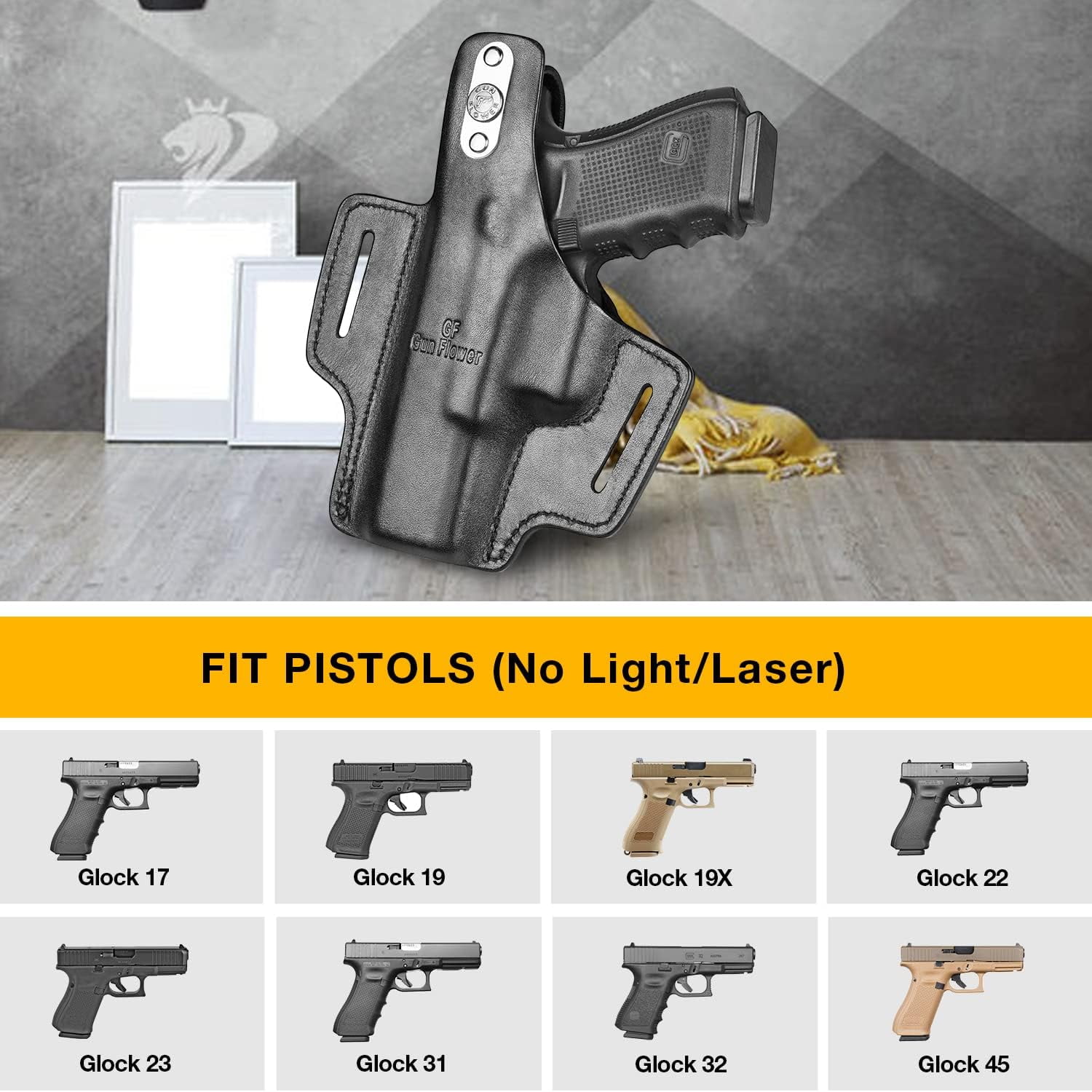 Full Grain Leather, OWB Leather Holster for Glock 17 19 19X 22 23 45,Right Hand