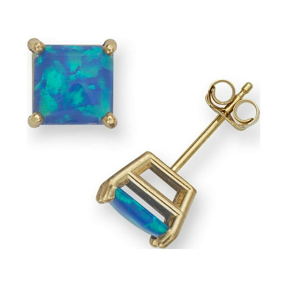 Solid 14k Cubic Zirconia CZ Yellow Gold Simulated Opal Stud Earrings (3 Color) Gift (dark Blue)-Stud Earring for Women