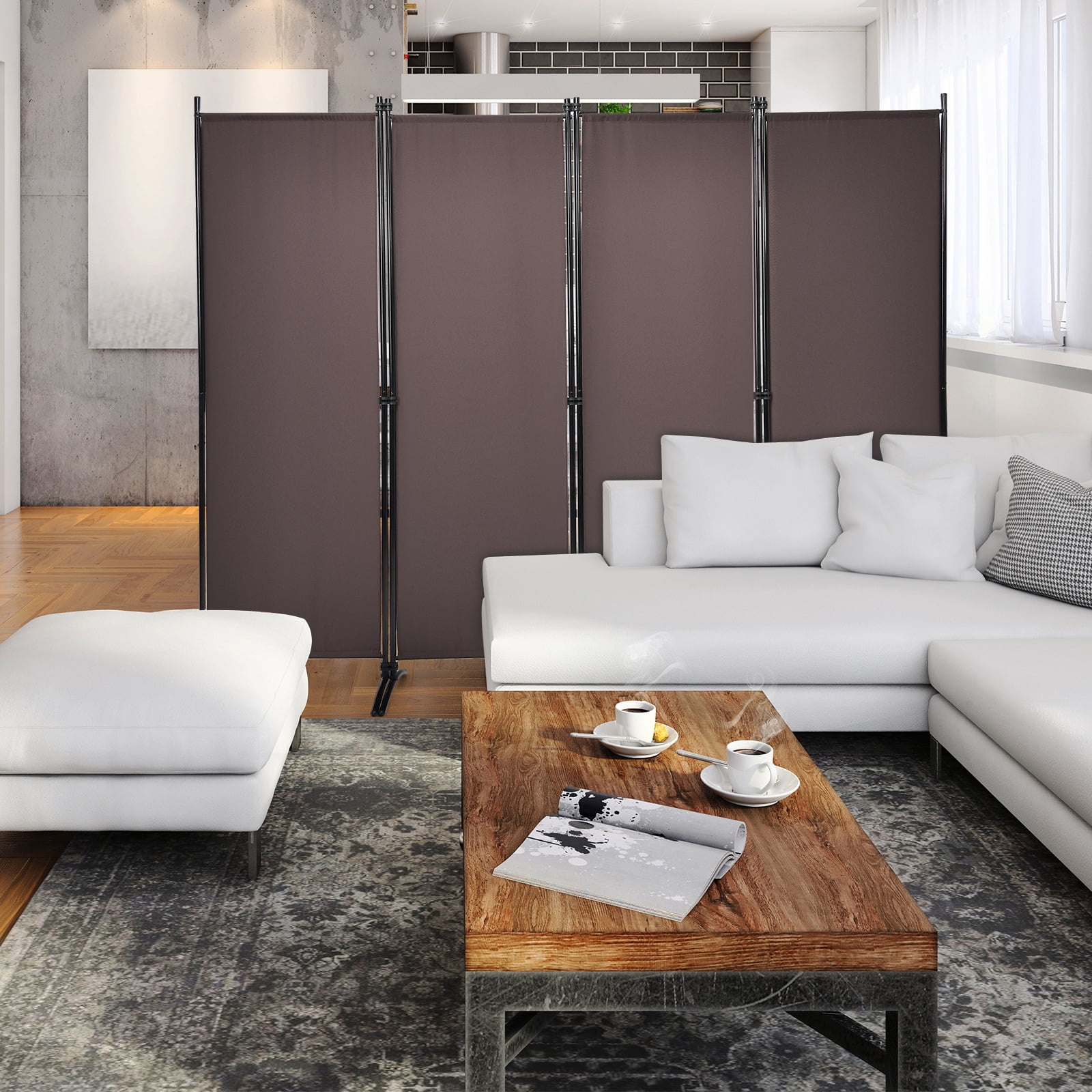 Patiojoy 5.6Ft Tall Folding Room Divider Freestanding 4-Panel Privacy Screen w/Iron Frame Coffee