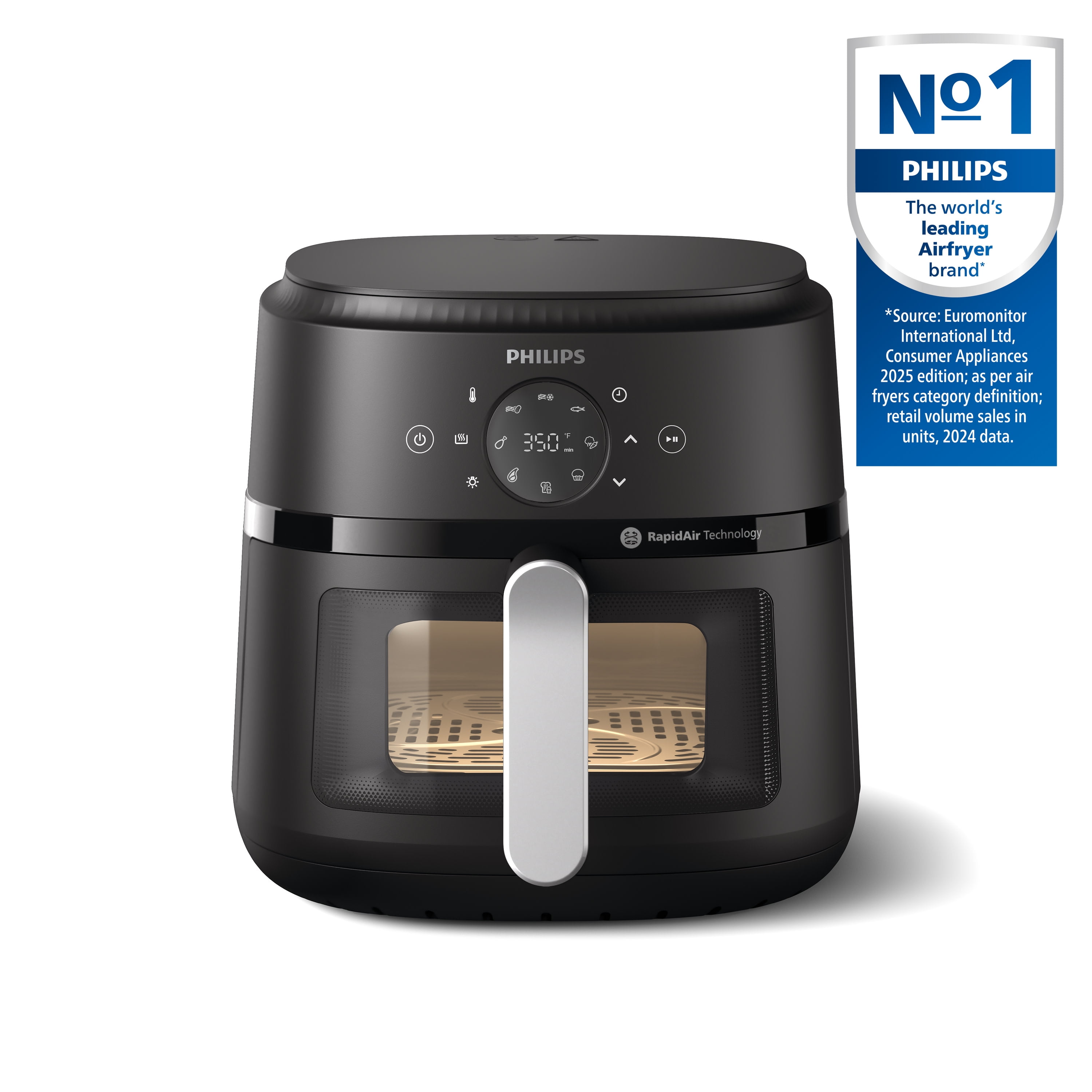 Philips 2000 Series Airfryer with Window, 6.6 Qt (6.2L) Capacity, Black, Silver Handle
