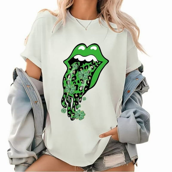 Woman's Print Tshirt Graphic Tees St. Patrick’s Day Clover Leopard Lip Shirts White S-5XL Festive Tops