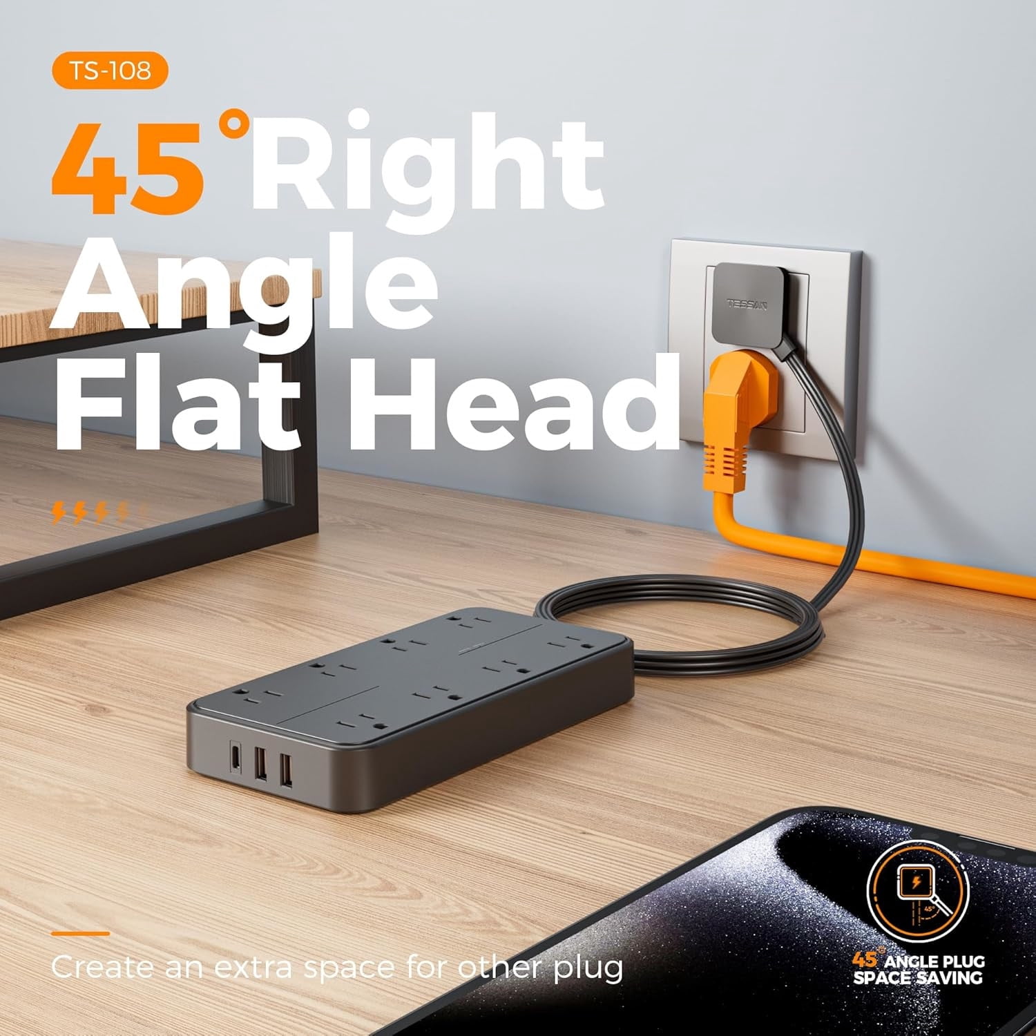 6 ft Extension Cord, 8 Outlets 3 USB Ports (1 USB C), Indoor GFCI Protected Surge Protector Multi Outlet Power Strip