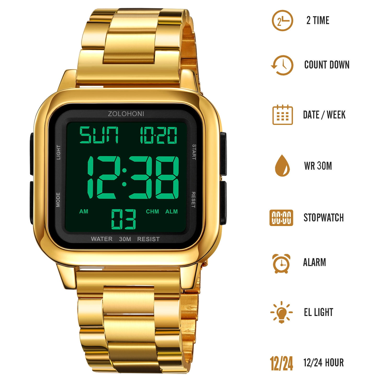ZOLOHONI Digital Watches for Men Gold Stainalee Steel Waterproof Electric Watch Mens Sports Watches