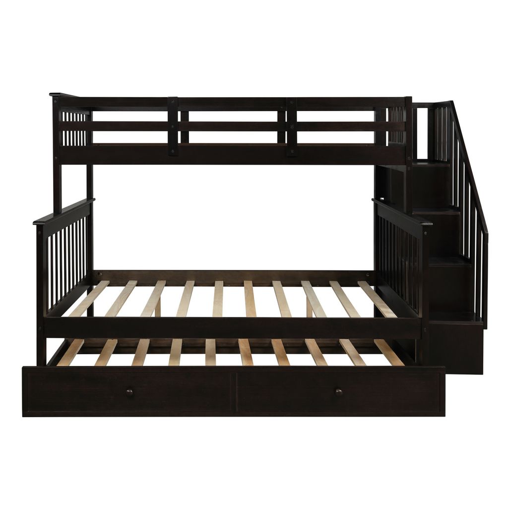 Stairway Bunk Bed Twin Over Full with Twin Trundle, Stairs, Storage and Guard Rail for Bedroom, Dorm, Solid Wood Twin-Over-Full bed, Saving Space, Espresso - image 2 of 7
