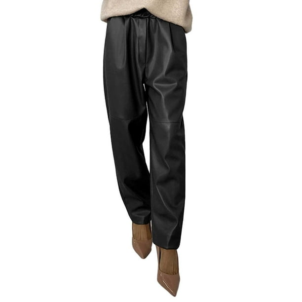 Pantalones de mujer de cuero sintético con cinturón elástico - Pantalones largos ajustados de color liso con bolsillos, poliéster, S-XXL