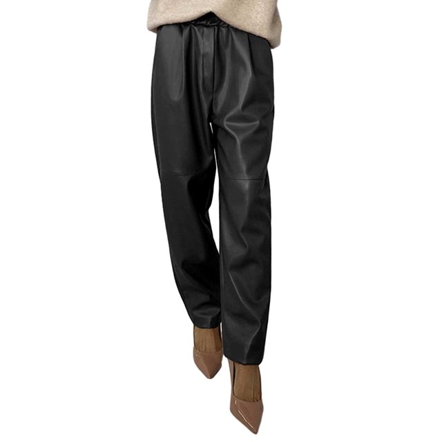 Women's PU Leather Pants with Elastic Belt - Long Slim Fit Solid Color Trousers with Pockets, Polyester, S-XXL